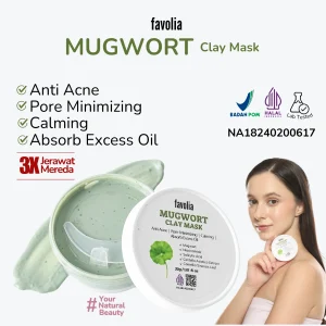 Favolia Mugwort Clay Mask—anti jerawat, mengecilkan pori, menenangkan, serap minyak berlebih; klaim 3× jerawat mereda; BPOM/Halal, foto kemasan & model.