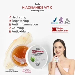Favolia Niacinamide Vit C Sleeping Mask—hydrating, brightening, anti-inflamasi, calming, antioksidan; klaim 3× wajah lebih cerah; BPOM/Halal, kemasan & model.