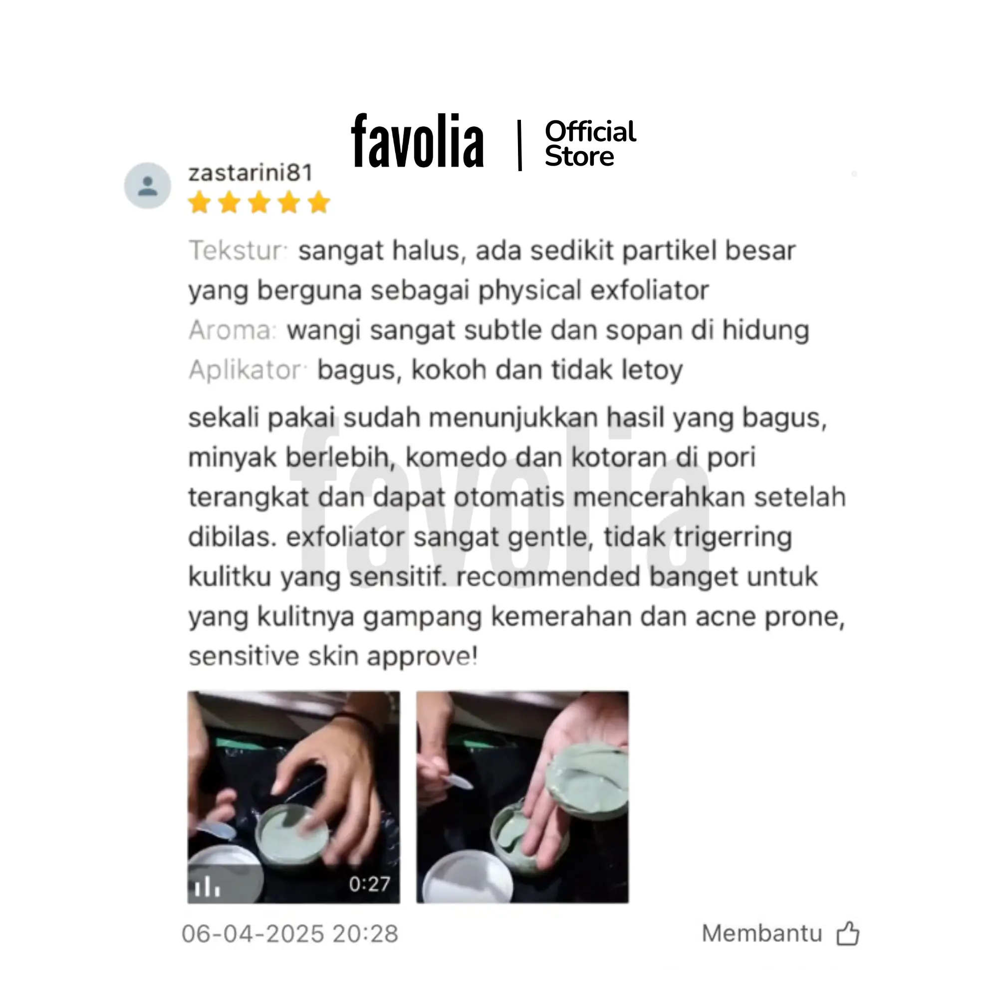 Ulasan Favolia Mugwort Clay Mask, tekstur halus dengan partikel kecil, aroma subtle, hasil angkat minyak dan komedo, foto isi masker hijau di tangan.