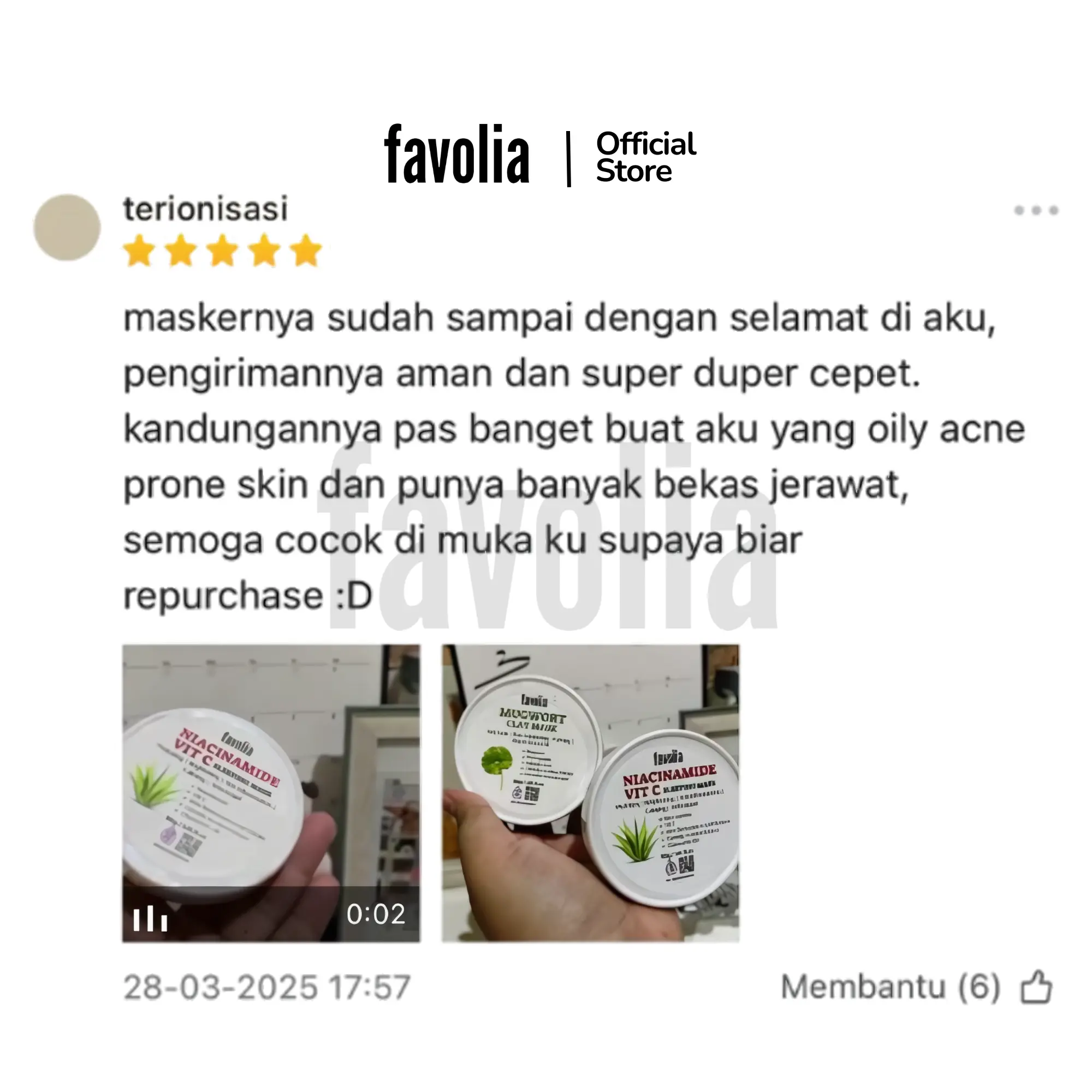 Ulasan 5★ Favolia: paket aman & super cepat; cocok untuk oily acne-prone & bekas jerawat, dengan 2 foto produk.
