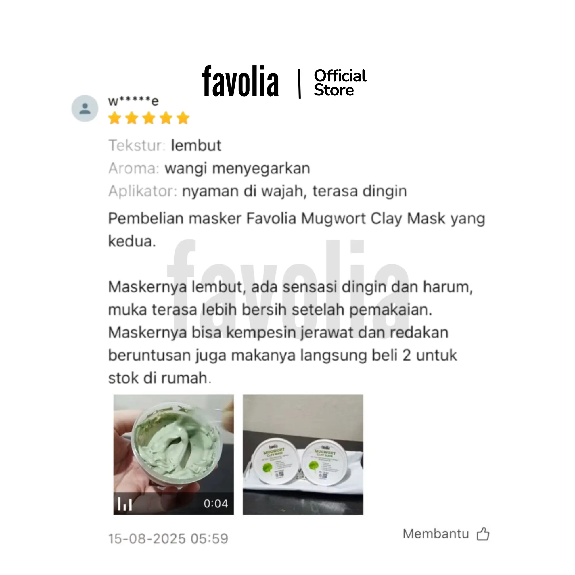 Review masker Favolia Mugwort Clay Mask, tekstur lembut, wangi menyegarkan, nyaman di wajah, foto isi masker hijau dan kemasan cup.