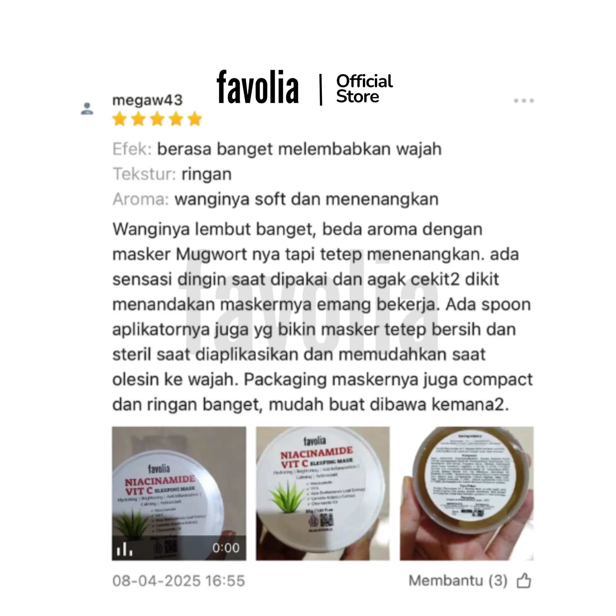 Ulasan 5★ Favolia Niacinamide/Mugwort: melembapkan, tekstur ringan, aroma soft menenangkan; ada spoon; video & foto kemasan.