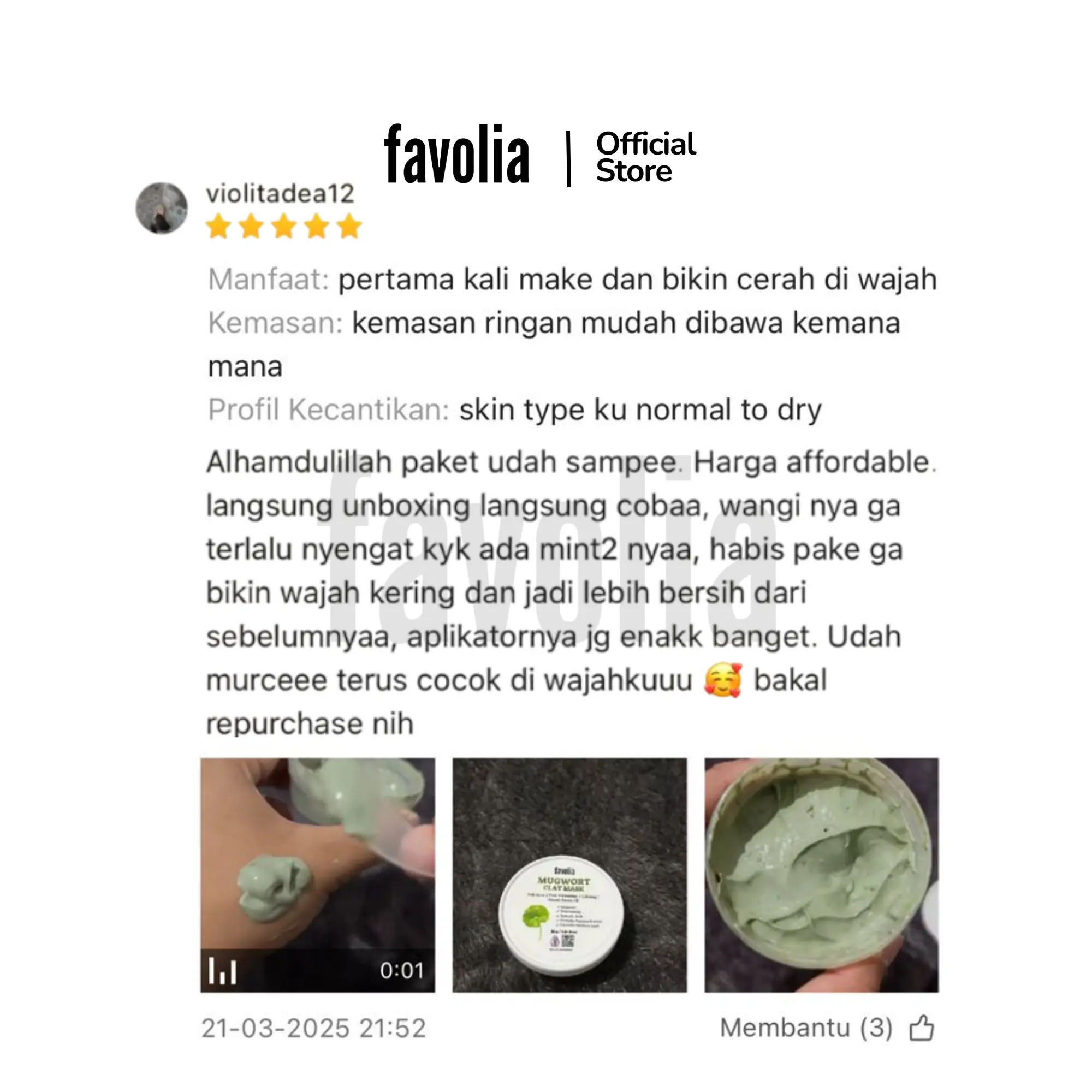 Ulasan masker wajah Favolia Mugwort Clay Mask, tekstur lembut ringan, aroma mint segar, membantu jerawat, harga terjangkau, foto beberapa wadah masker.