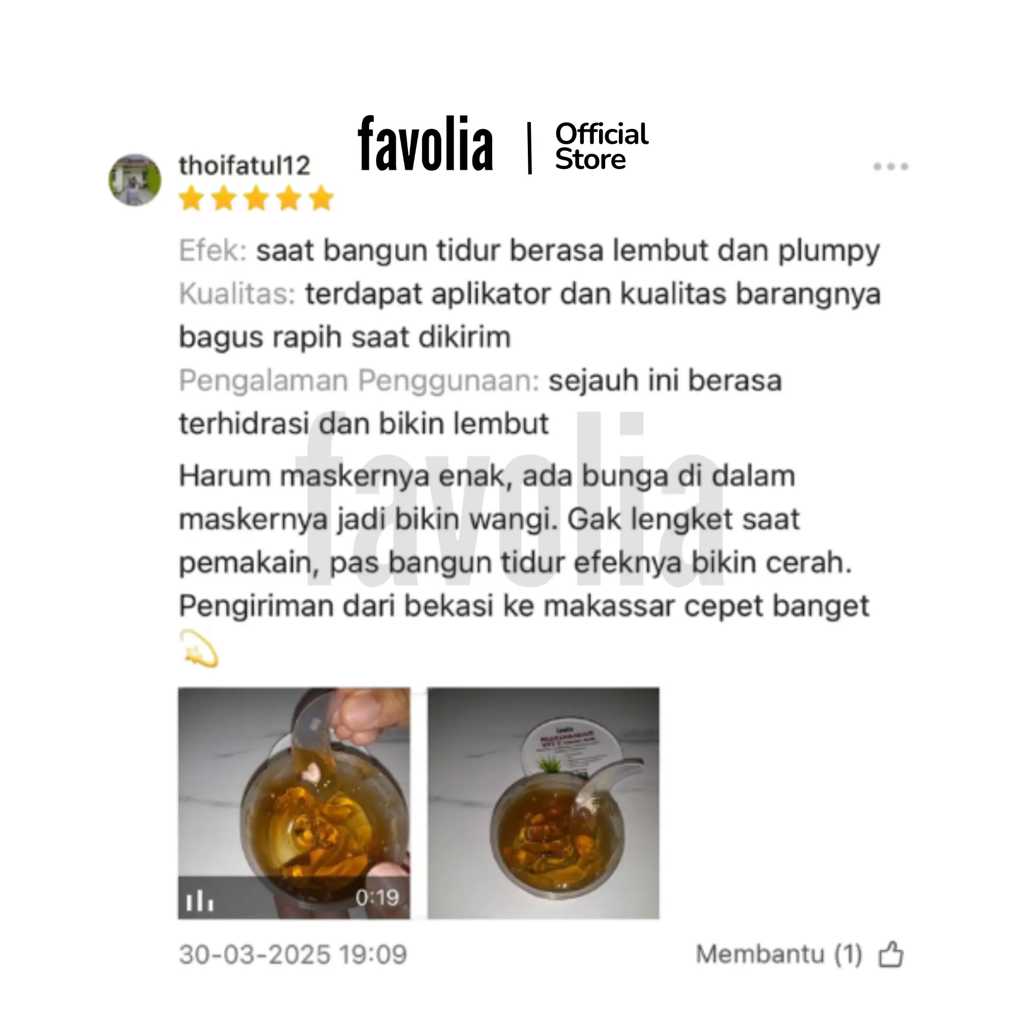 Ulasan 5★ Favolia Sleeping Mask: bangun tidur kulit lembut & plumpy, wangi bunga, tidak lengket; kirim Bekasi–Makassar cepat; video+foto.