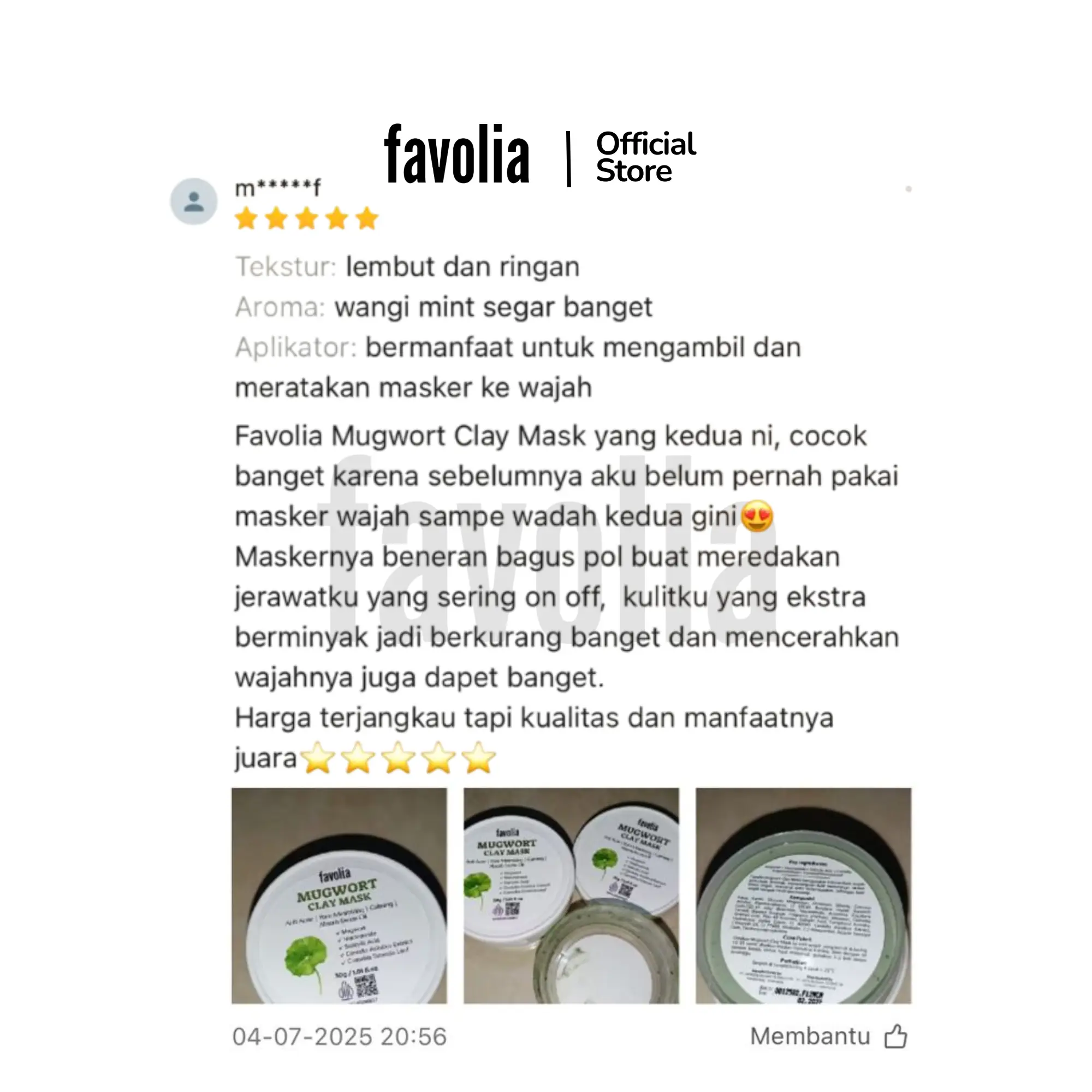 Testimoni Favolia Mugwort Clay Mask, membuat wajah cerah, cocok untuk kulit normal to dry, kemasan ringan, foto isi masker hijau dan wadah.