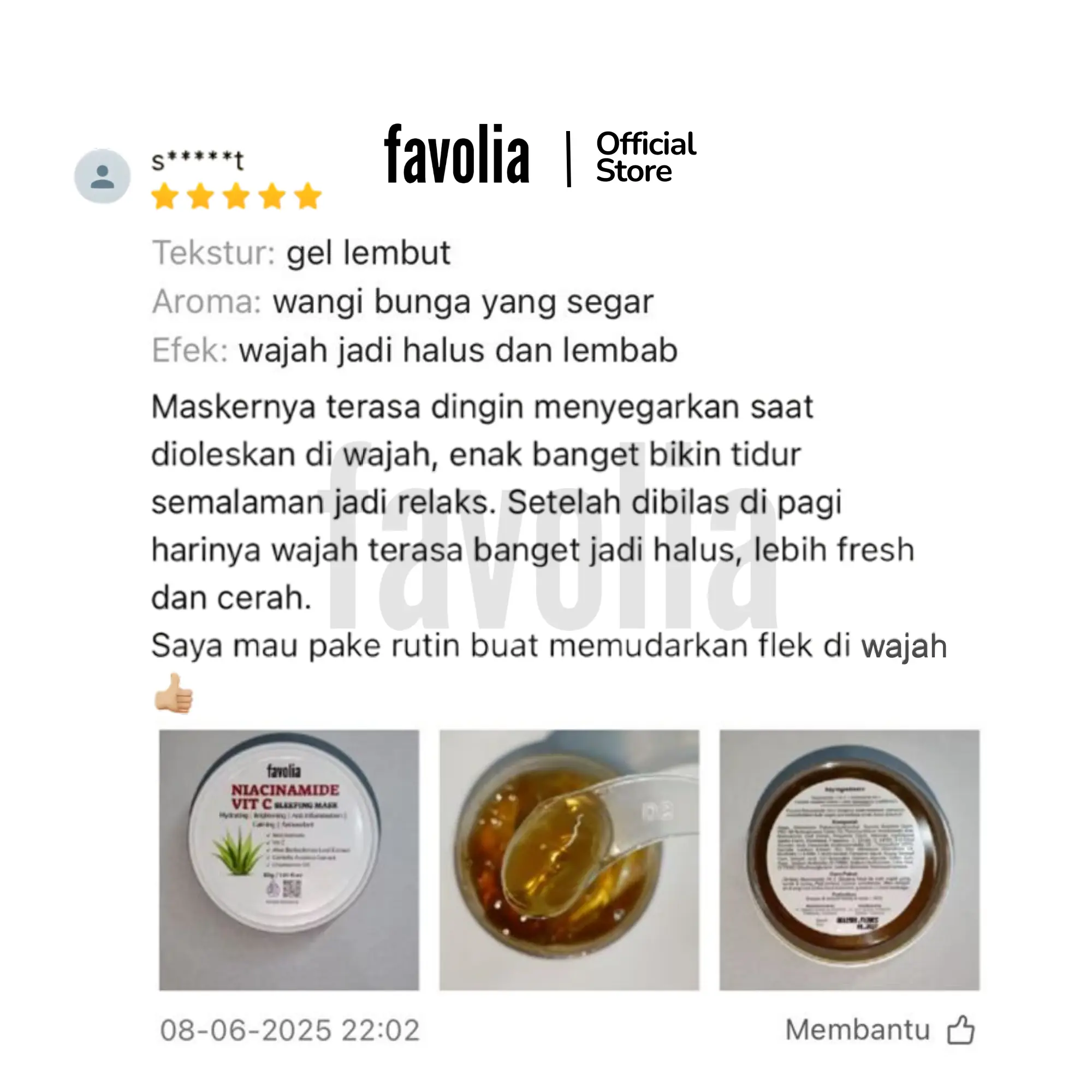 Ulasan 5★ Favolia: gel lembut, aroma bunga segar, wajah jadi halus & lembap; rencana dipakai rutin untuk memudarkan flek; tiga foto produk.