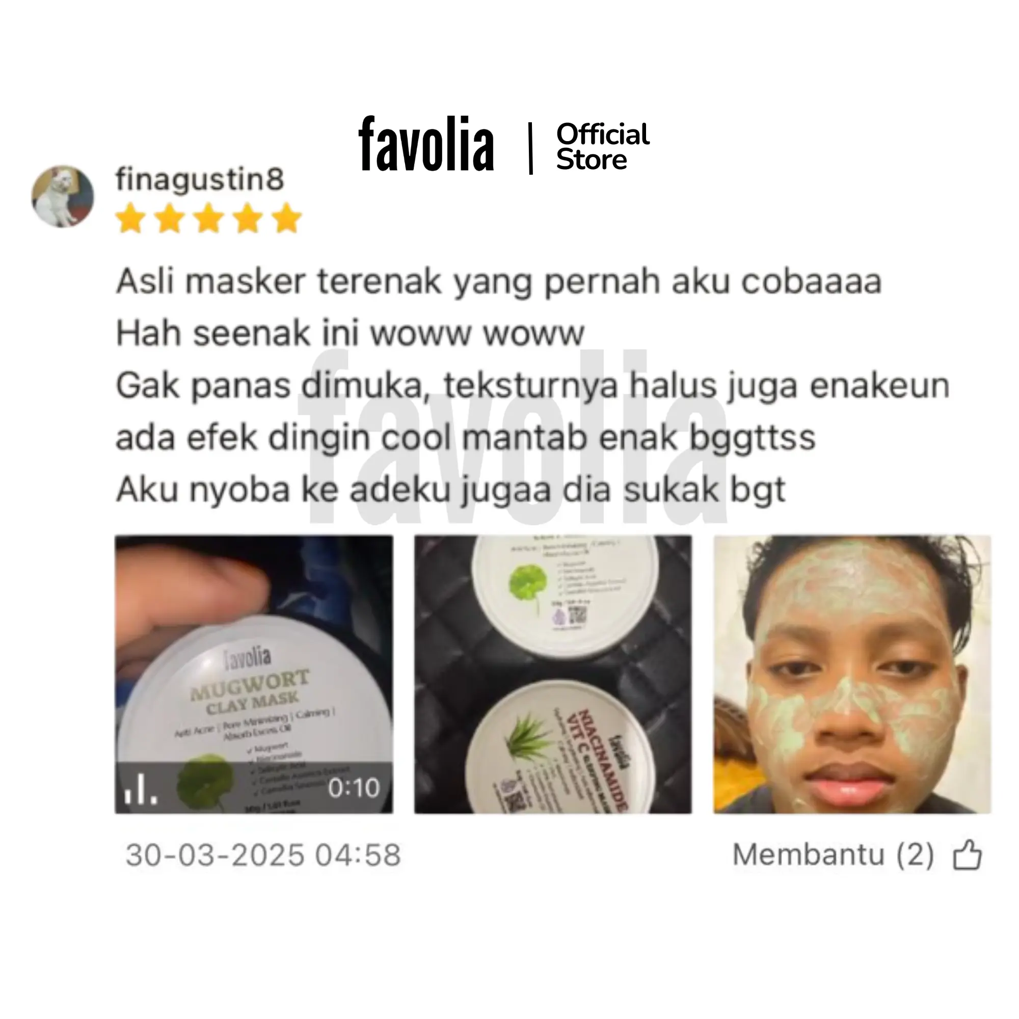 Review masker clay Favolia Mugwort, efek dingin menyegarkan, tekstur halus, cocok untuk jerawat, foto pemakai masker di wajah dan kemasan produk.