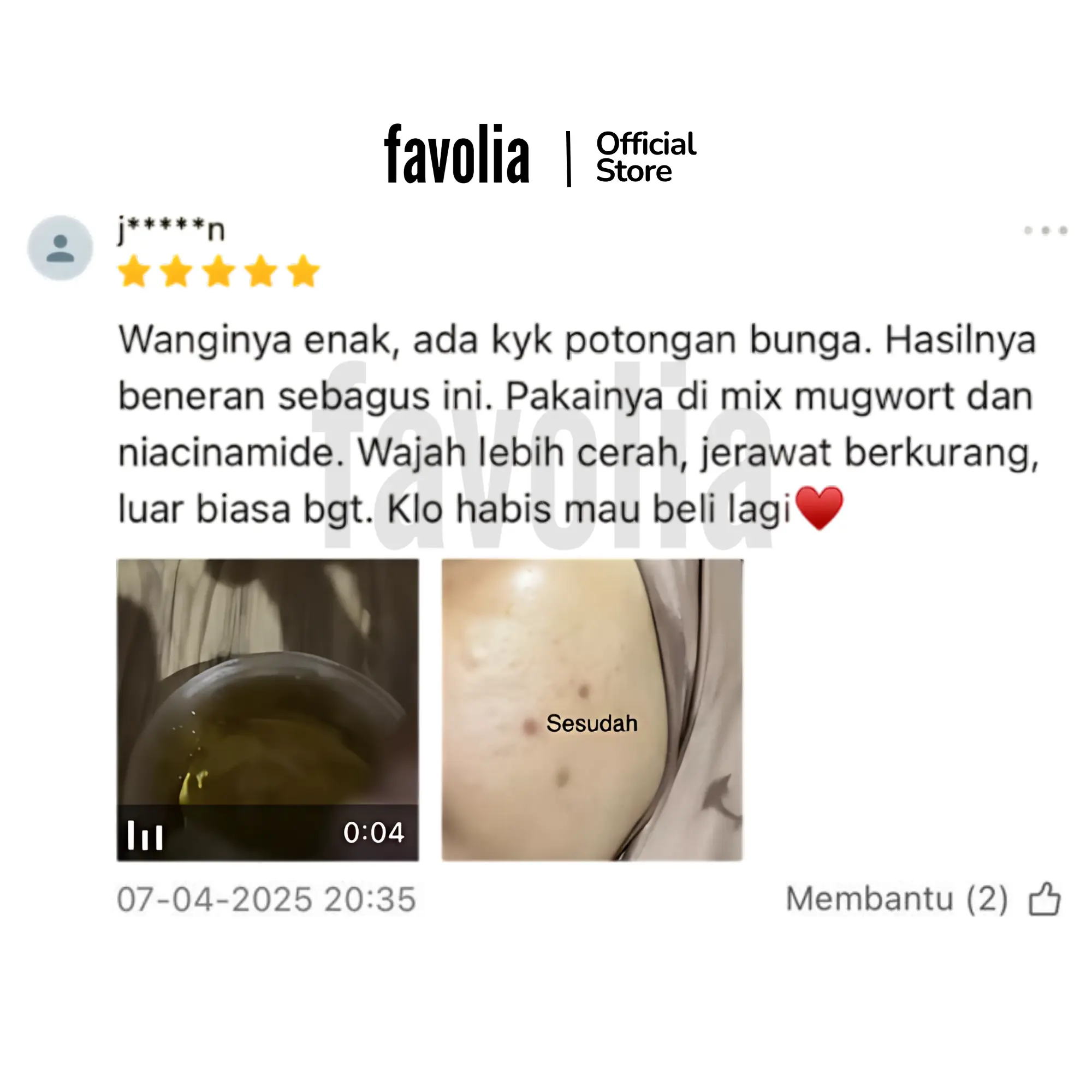 Ulasan 5★ Favolia Niacinamide: aroma menyenangkan, tekstur sangat lembut & nyaman, hasil bagus; sudah pot ke-2; video dan dua foto kemasan.