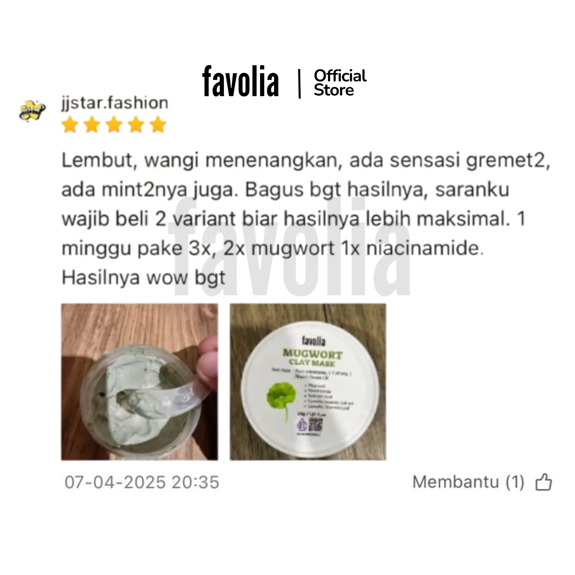 Testimoni Mugwort Clay Mask Favolia, wangi menenangkan dengan sensasi mint, hasil maksimal bila dipakai rutin, foto isi masker hijau dan kemasan cup.