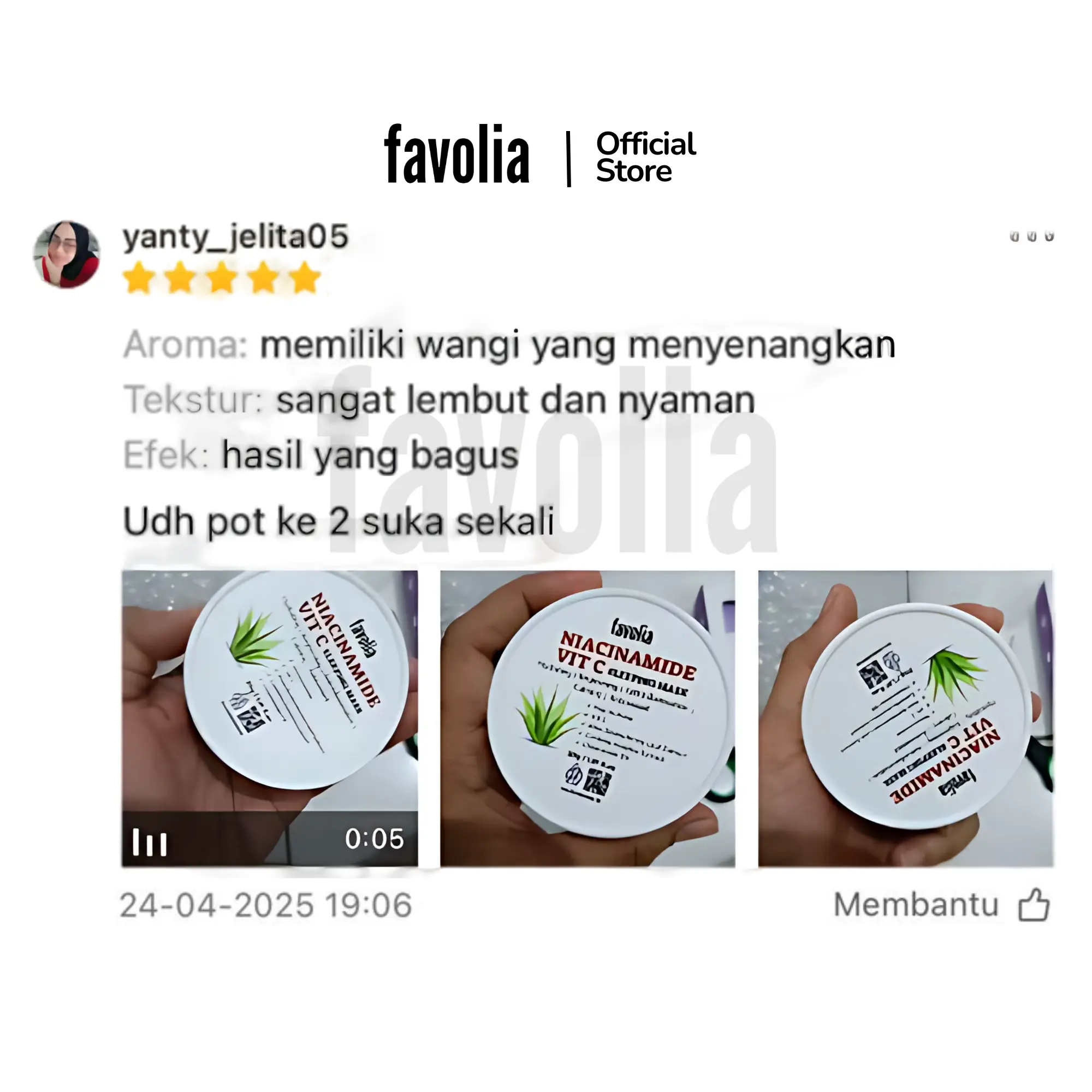 Ulasan 5★ Favolia: wangi enak dengan potongan bunga; dipakai mix Mugwort & Niacinamide—kulit lebih cerah, jerawat berkurang; video & foto ‘sesudah’.