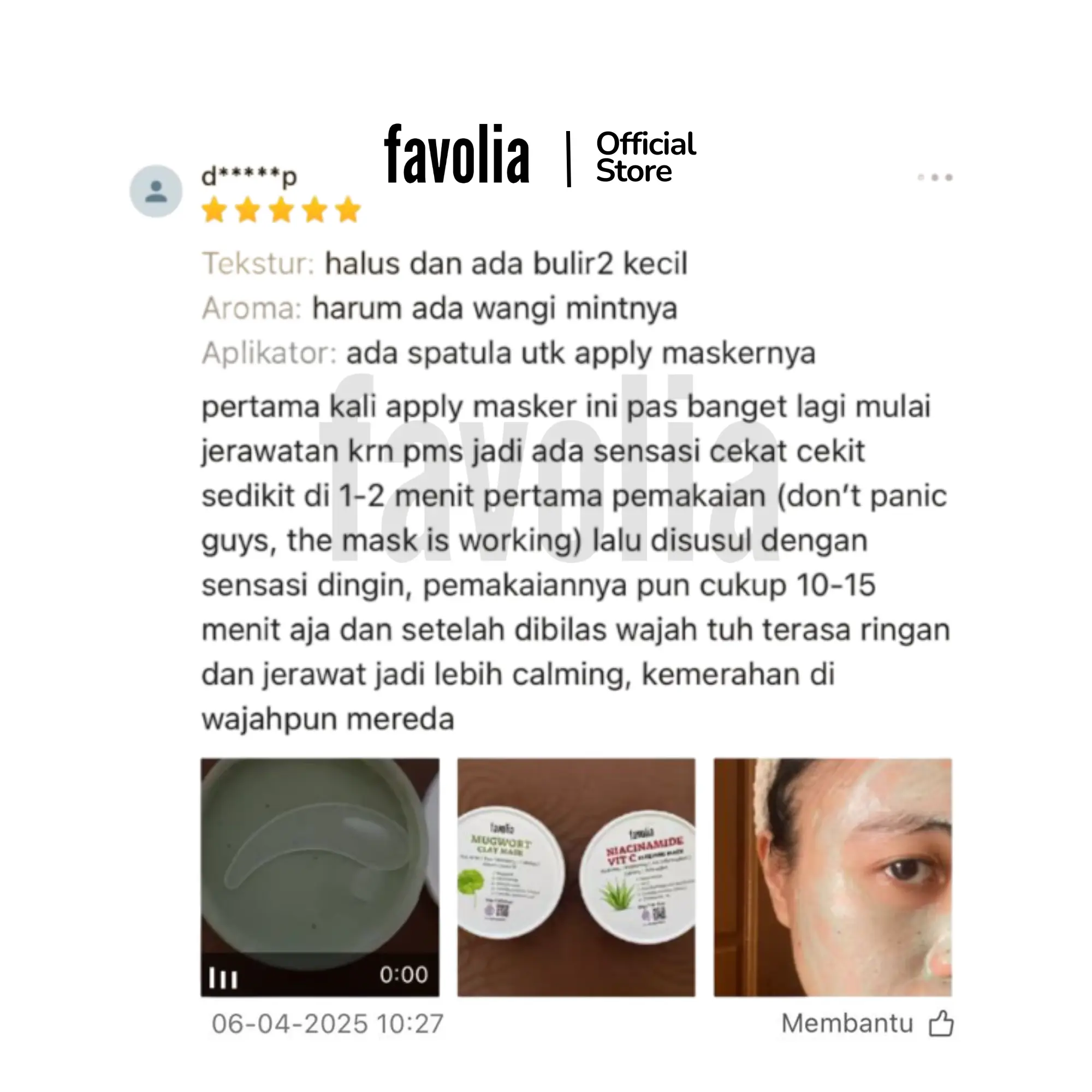 Review Favolia Mugwort Clay Mask, tekstur halus ada bulir kecil, aroma mint, sensasi cekit awal lalu dingin menenangkan, foto isi masker, kemasan, dan wajah pemakai.