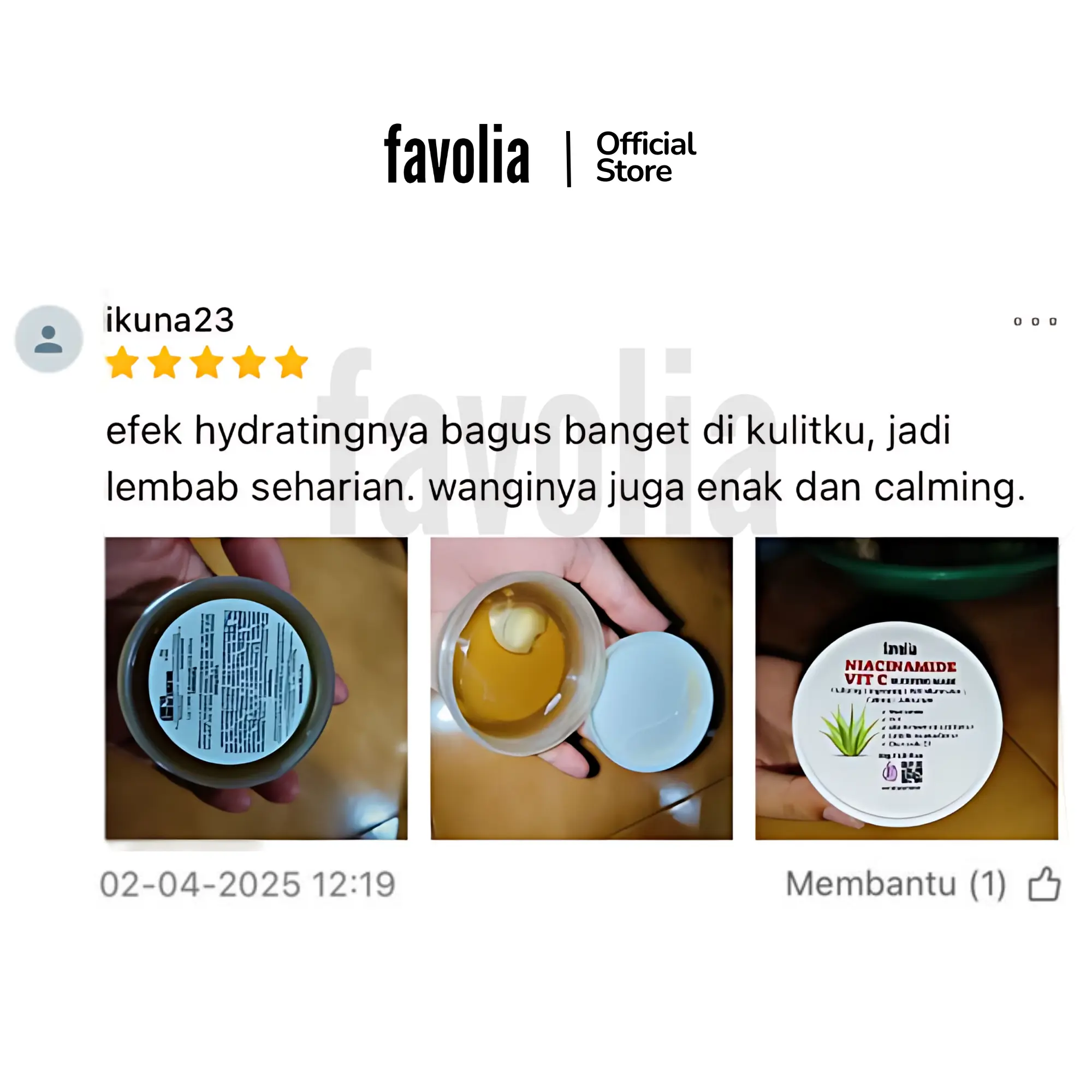 Ulasan 5★ Favolia: efek hydrating kuat, kulit lembap seharian; aroma calming; tiga foto menunjukkan kemasan & tekstur sleeping mask.