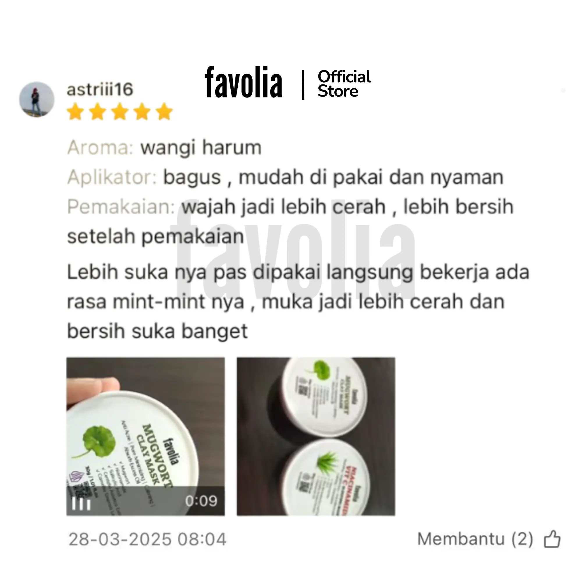 Ulasan masker clay Favolia, aroma harum, aplikator mudah dipakai, wajah lebih cerah dan bersih, foto isi masker dan kemasan produk.