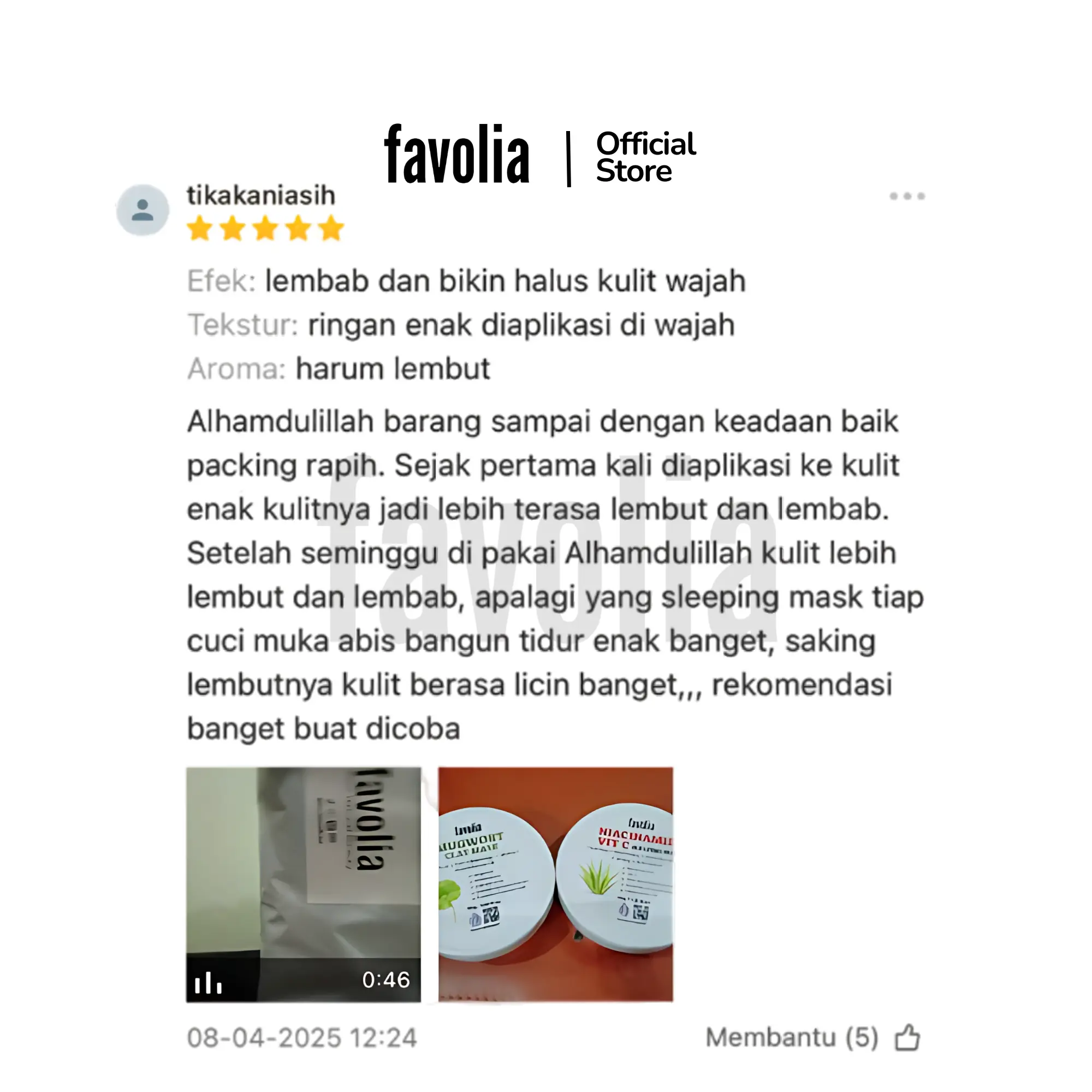 Ulasan 5★ Favolia: kulit lebih halus & lembap, tekstur ringan, wangi lembut; packing rapi; seminggu pakai makin licin; video + foto Mugwort & Niacinamide.