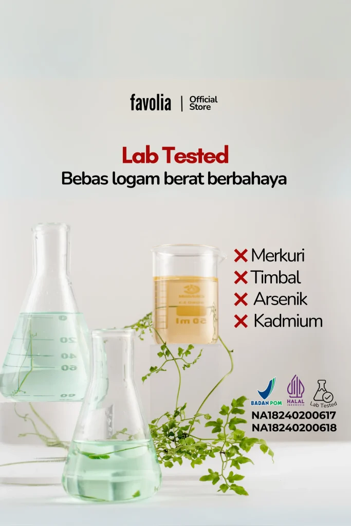 Banner Favolia – Lab Tested, bebas logam berat berbahaya (merkuri, timbal, arsenik, kadmium), logo BPOM & Halal.
