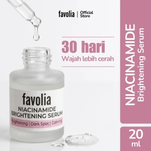Kemasan botol Favolia Niacinamide Brightening Serum 20ml dengan tetesan serum