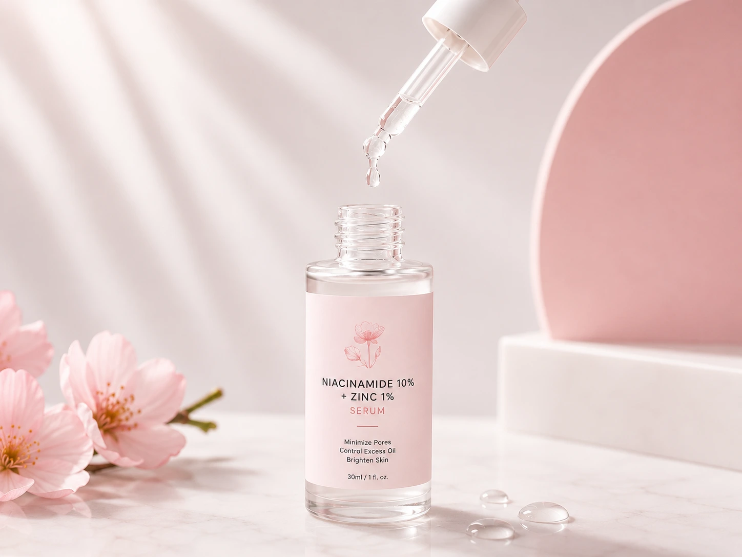 Botol serum niacinamide dan zinc dengan pipet di atas latar putih dan merah muda lembut.