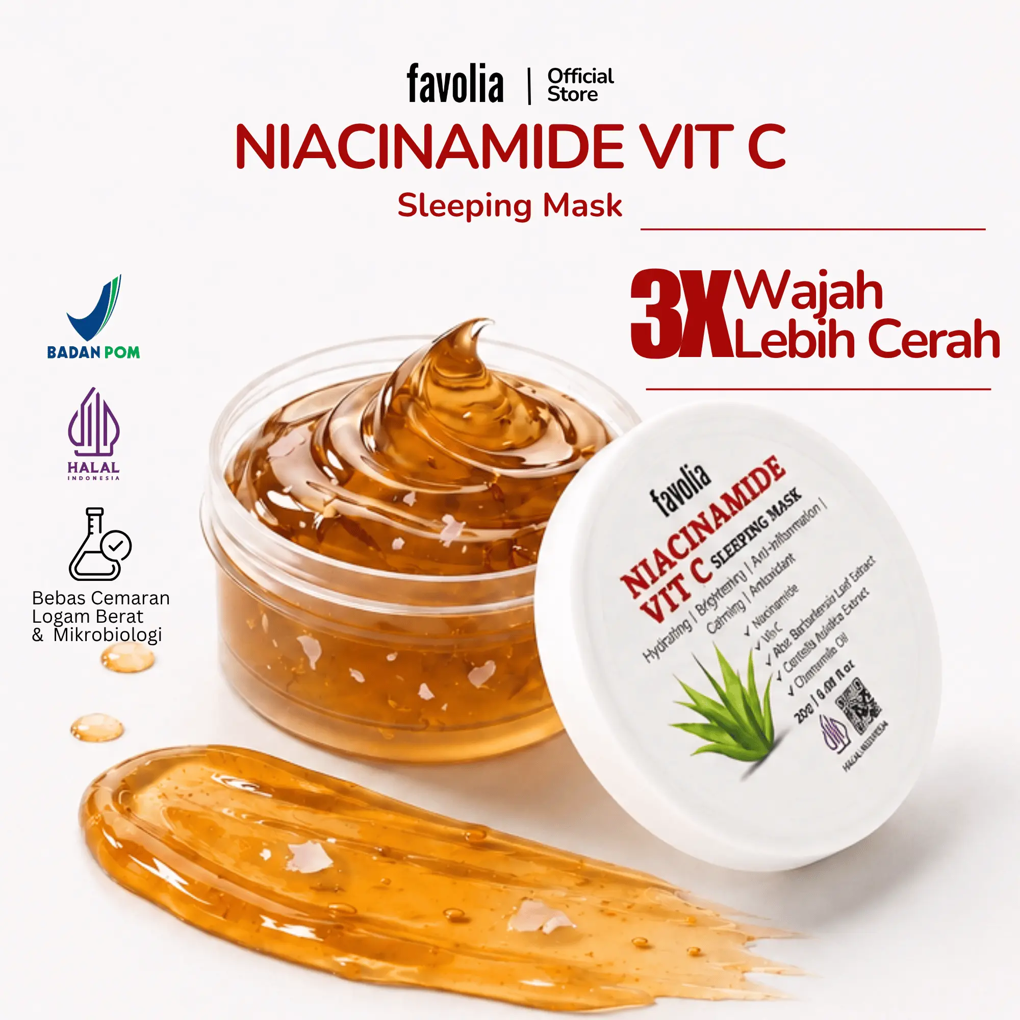 Kemasan Favolia Niacinamide Vit C Sleeping Mask dengan tekstur gel oranye, logo BPOM dan Halal, klaim 3x wajah lebih cerah.