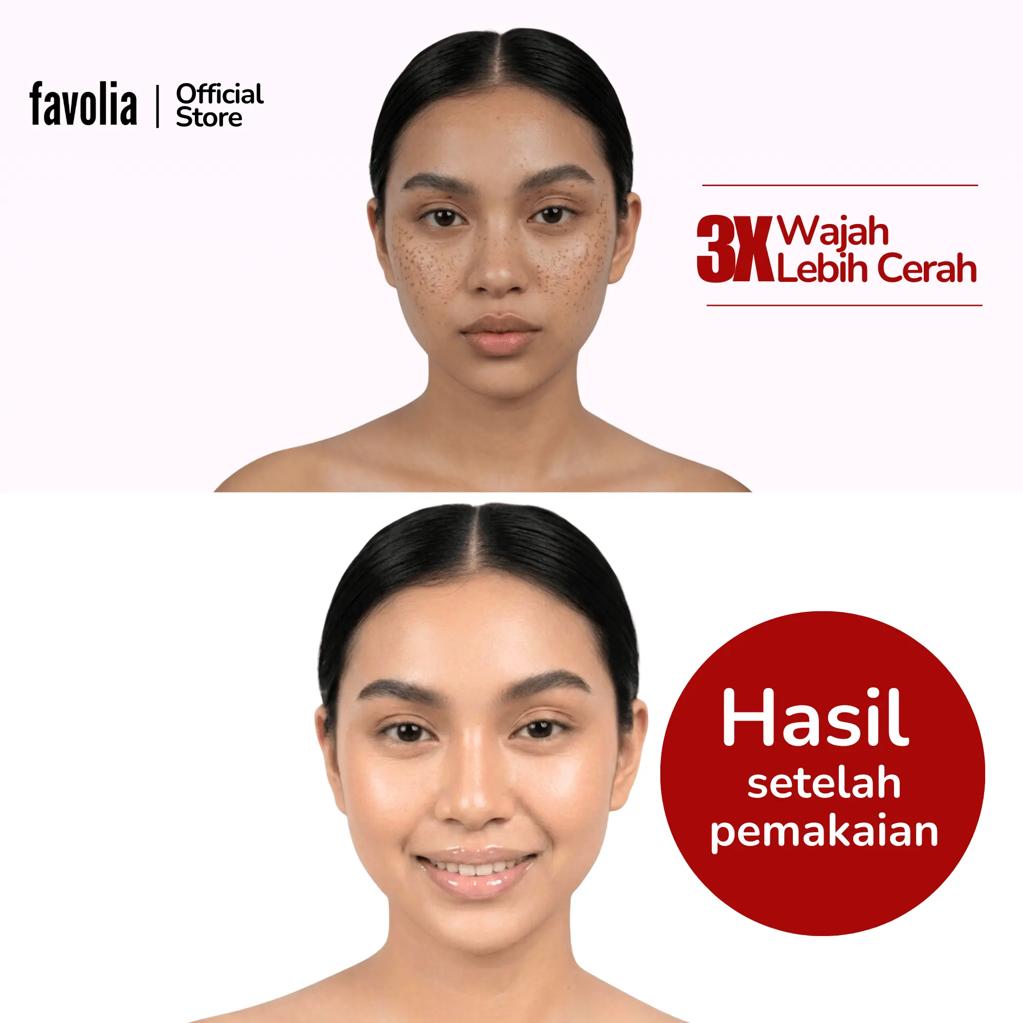 Perbandingan wajah sebelum dan sesudah pakai Niacinamide Vit C Sleeping Mask, kulit tampak lebih cerah dan merata setelah pemakaian.