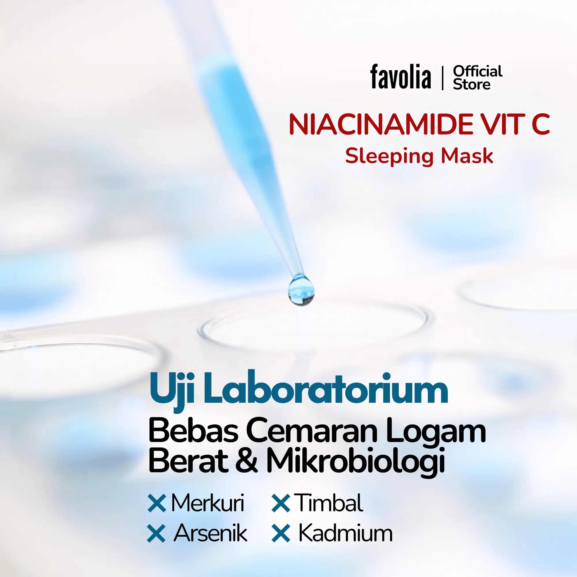 Pipet laboratorium meneteskan cairan uji, teks "Uji Laboratorium - Bebas Cemaran Logam Berat & Mikrobiologi.