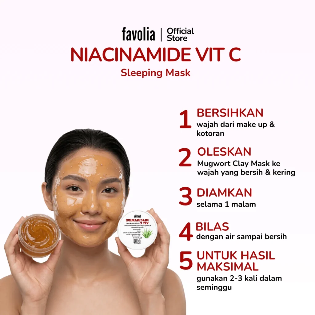 Wanita dengan masker gel oranye di wajah memegang produk, disertai 5 langkah cara pakai Niacinamide Vit C Sleeping Mask.