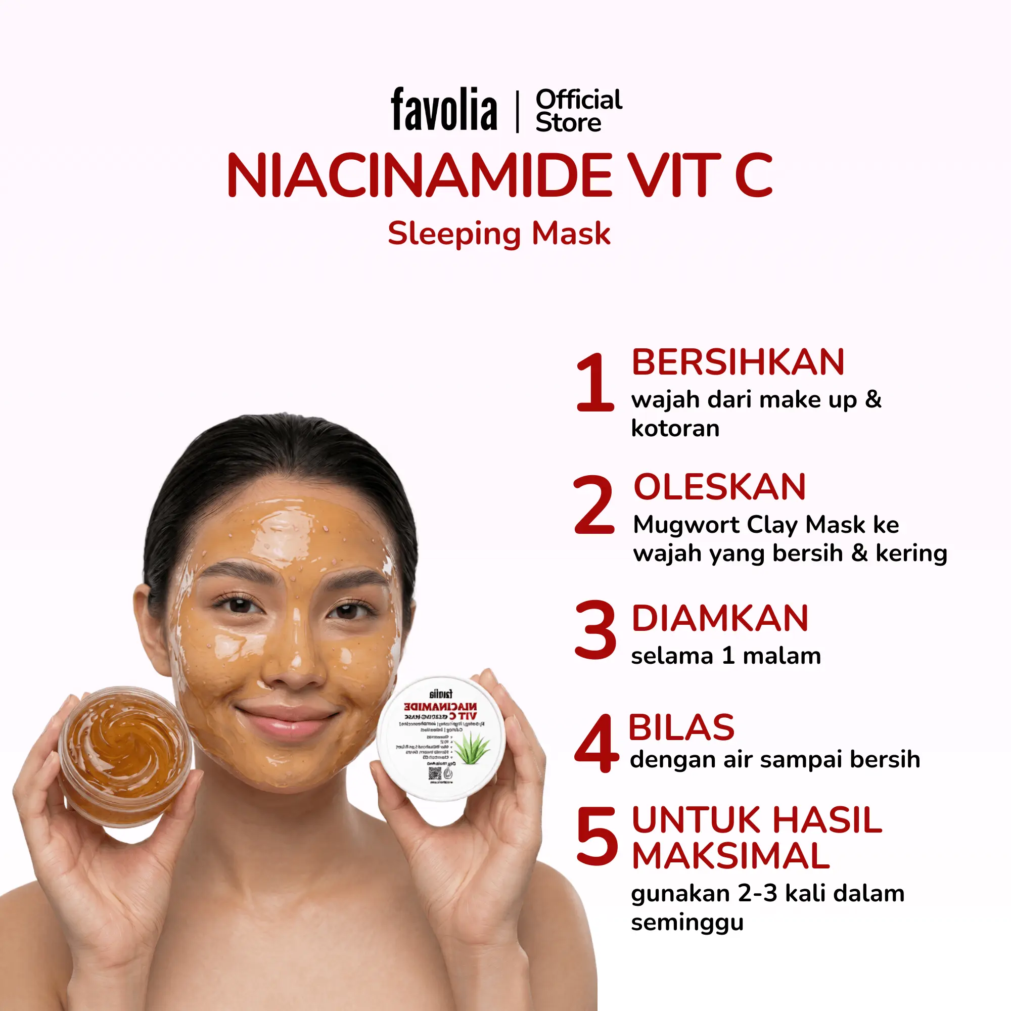 Wanita dengan masker gel oranye di wajah memegang produk, disertai 5 langkah cara pakai Niacinamide Vit C Sleeping Mask.