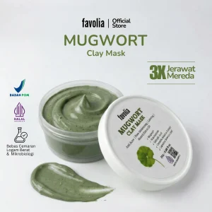 Kemasan Favolia Mugwort Clay Mask dengan tekstur masker hijau, logo BPOM dan Halal, klaim 3x jerawat mereda.