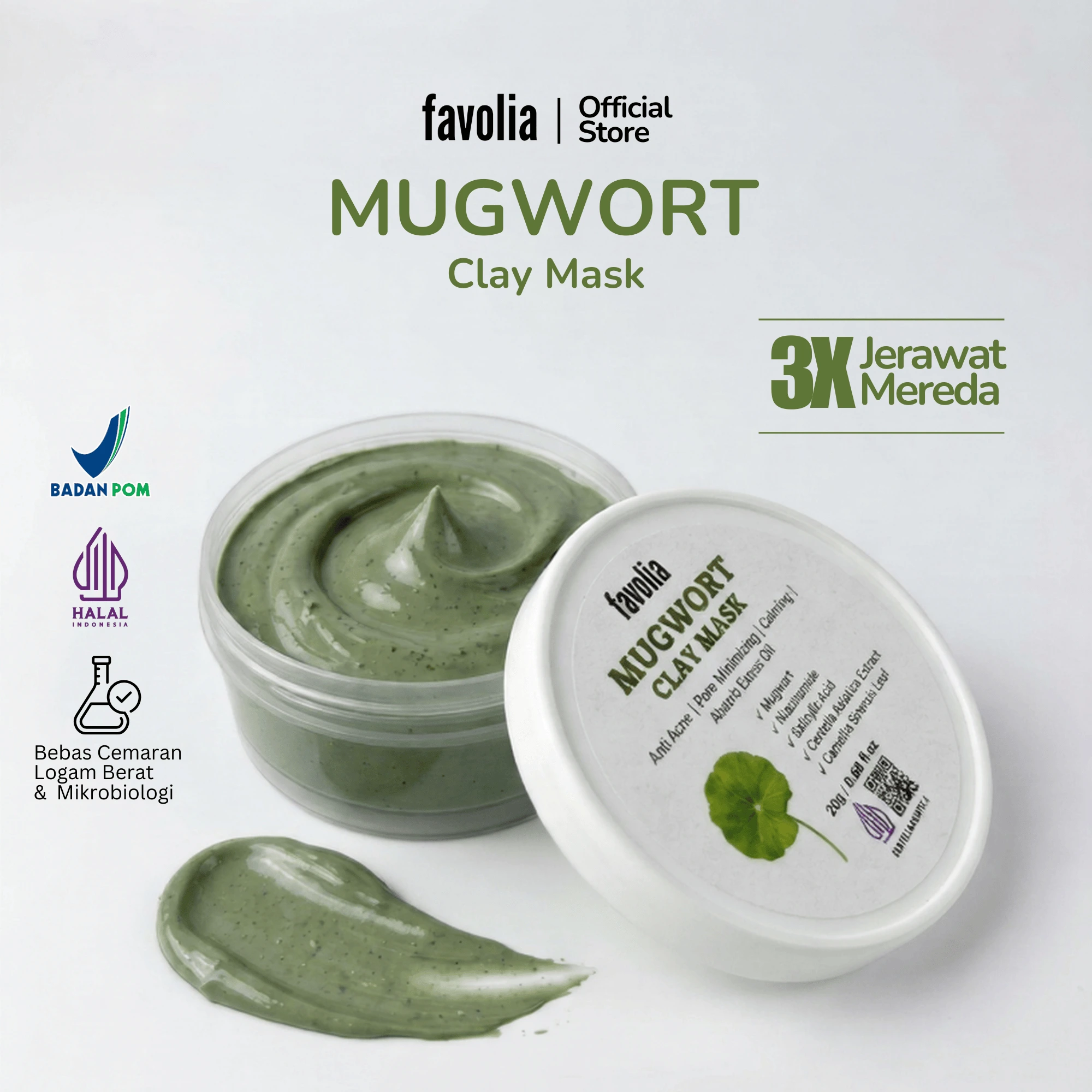 Kemasan Favolia Mugwort Clay Mask dengan tekstur masker hijau, logo BPOM dan Halal, klaim 3x jerawat mereda.