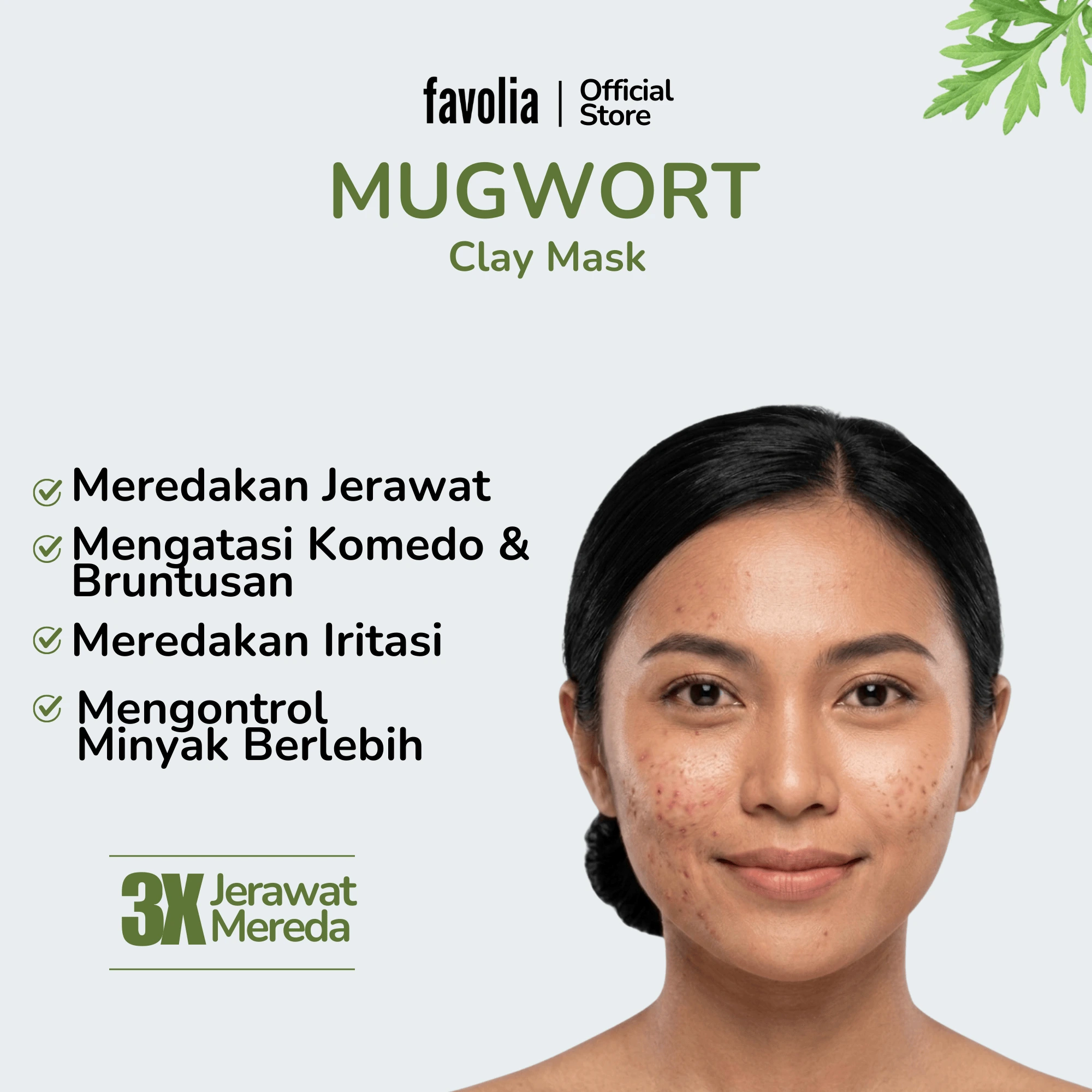 Wajah wanita berjerawat dengan daftar manfaat Mugwort Clay Mask: meredakan jerawat, komedo, iritasi, dan minyak berlebih.