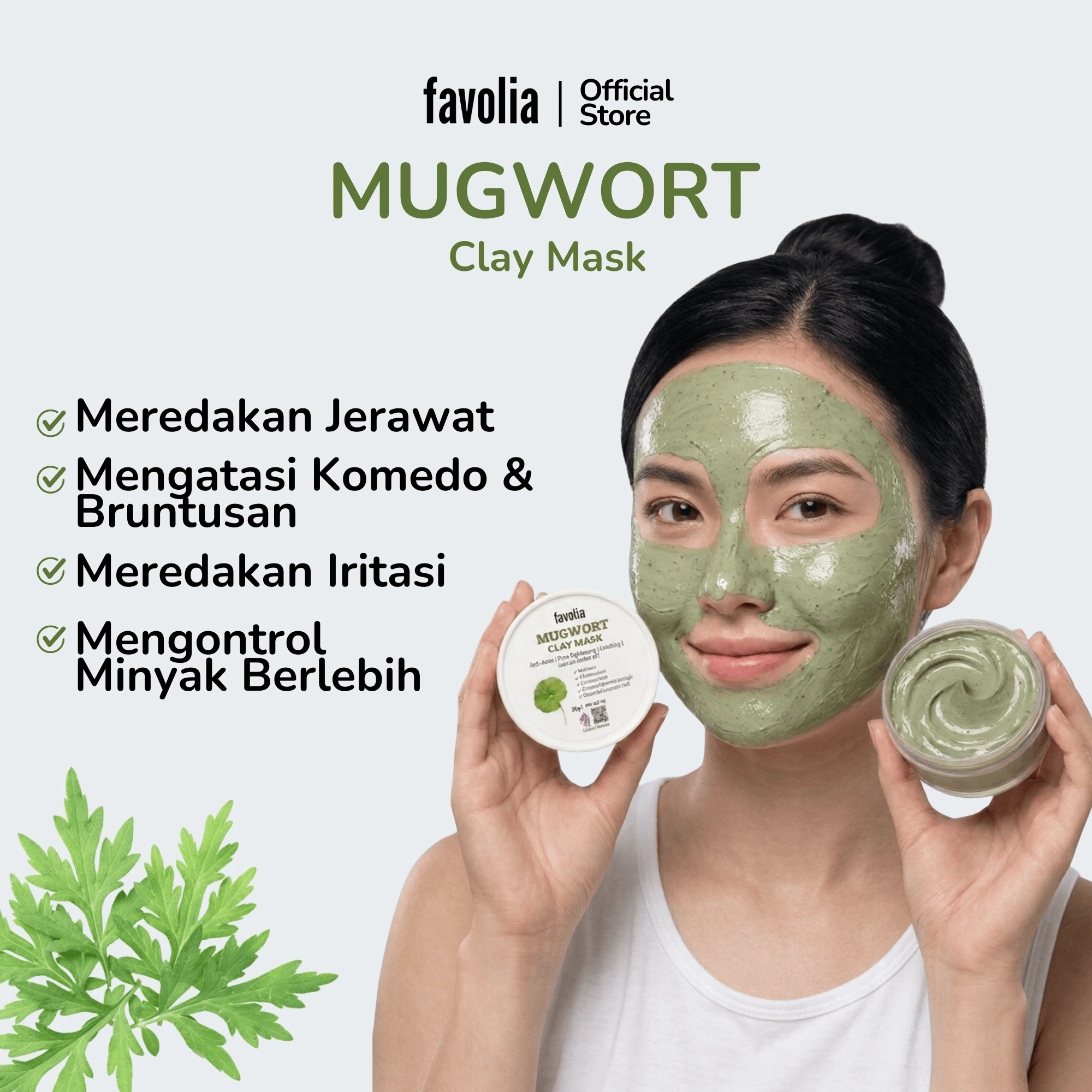 Wanita memakai masker hijau Mugwort Clay Mask di wajah sambil memegang produk, dengan daftar manfaat masker.