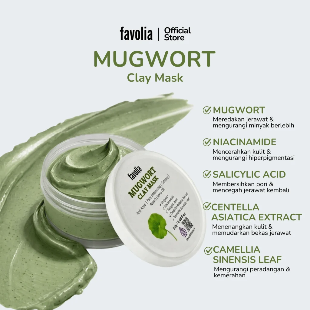 Wadah Mugwort Clay Mask dengan daftar bahan aktif: Mugwort, Niacinamide, Salicylic Acid, Centella Asiatica, dan Camellia Sinensis Leaf.