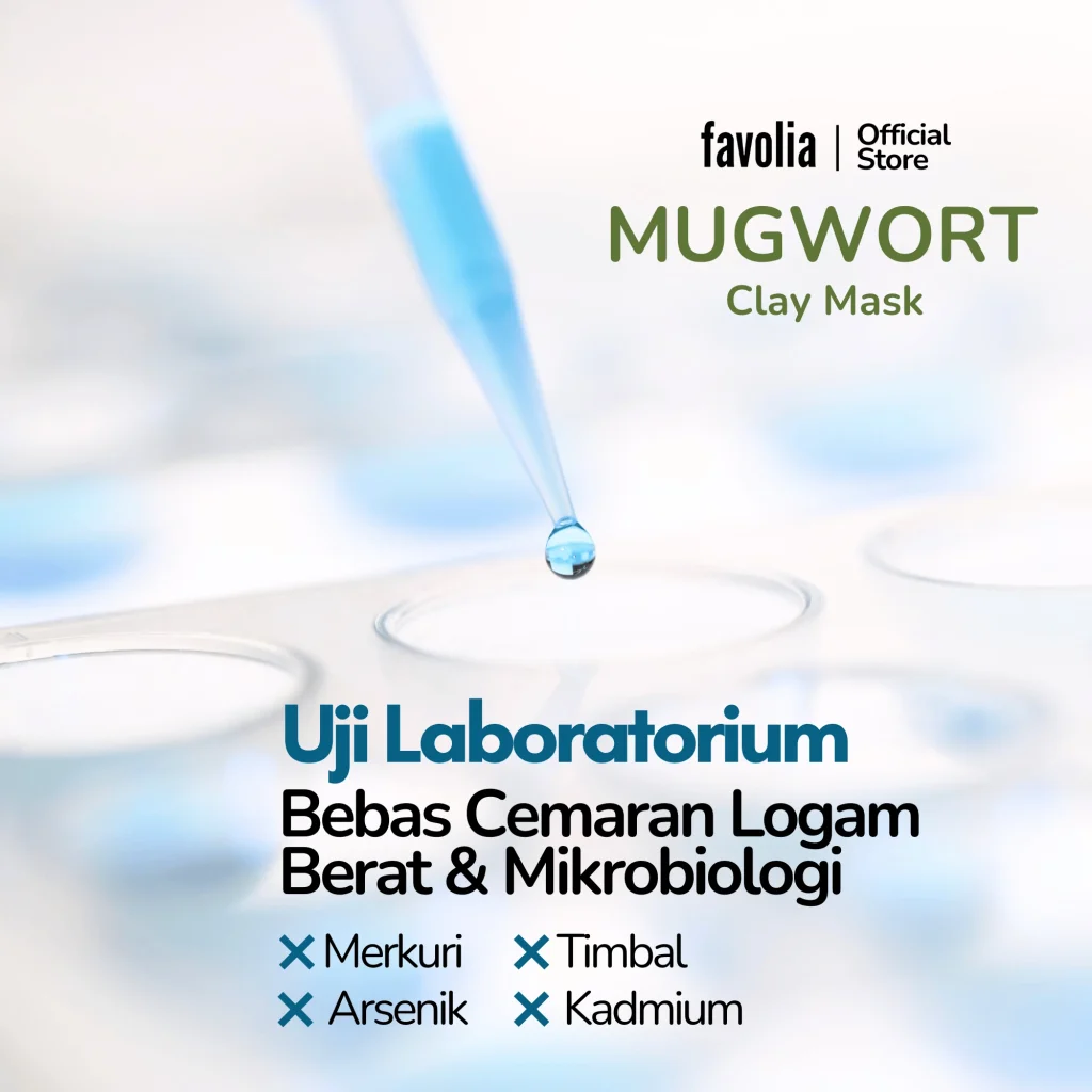 Pipet laboratorium meneteskan cairan uji, teks "Bebas Cemaran Logam Berat & Mikrobiologi.