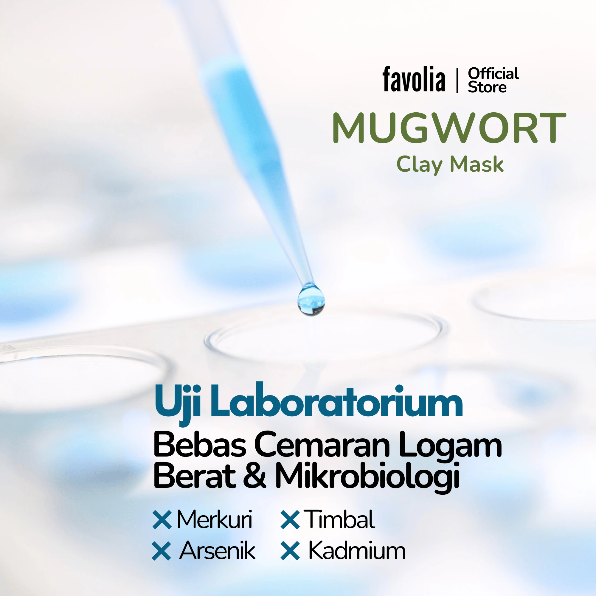 Pipet laboratorium meneteskan cairan uji, teks "Bebas Cemaran Logam Berat & Mikrobiologi.