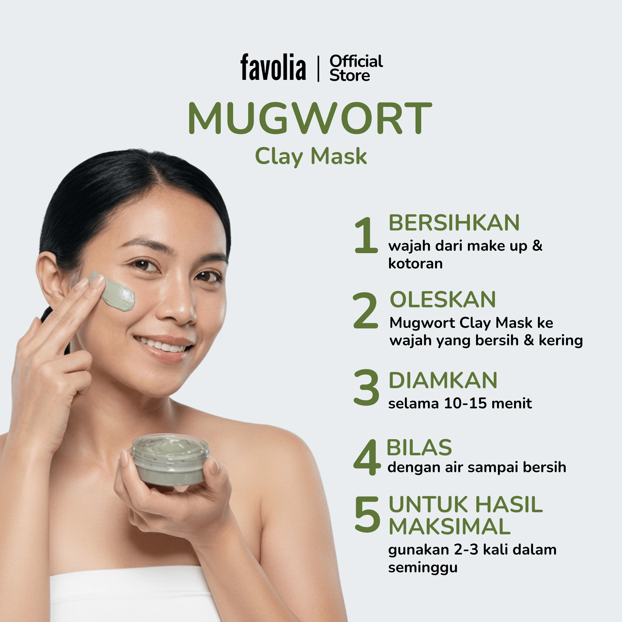 Wanita mengoleskan masker ke wajah, disertai 5 langkah cara pakai Mugwort Clay Mask.