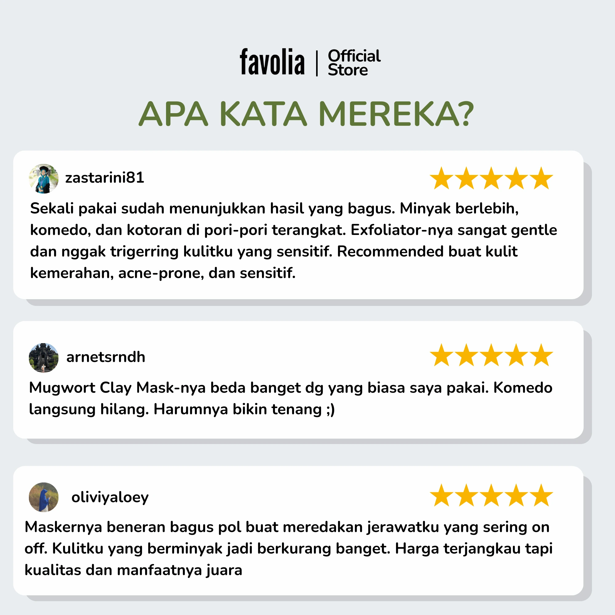 Tiga ulasan pelanggan bintang lima memuji Mugwort Clay Mask untuk jerawat, komedo, dan minyak berlebih.
