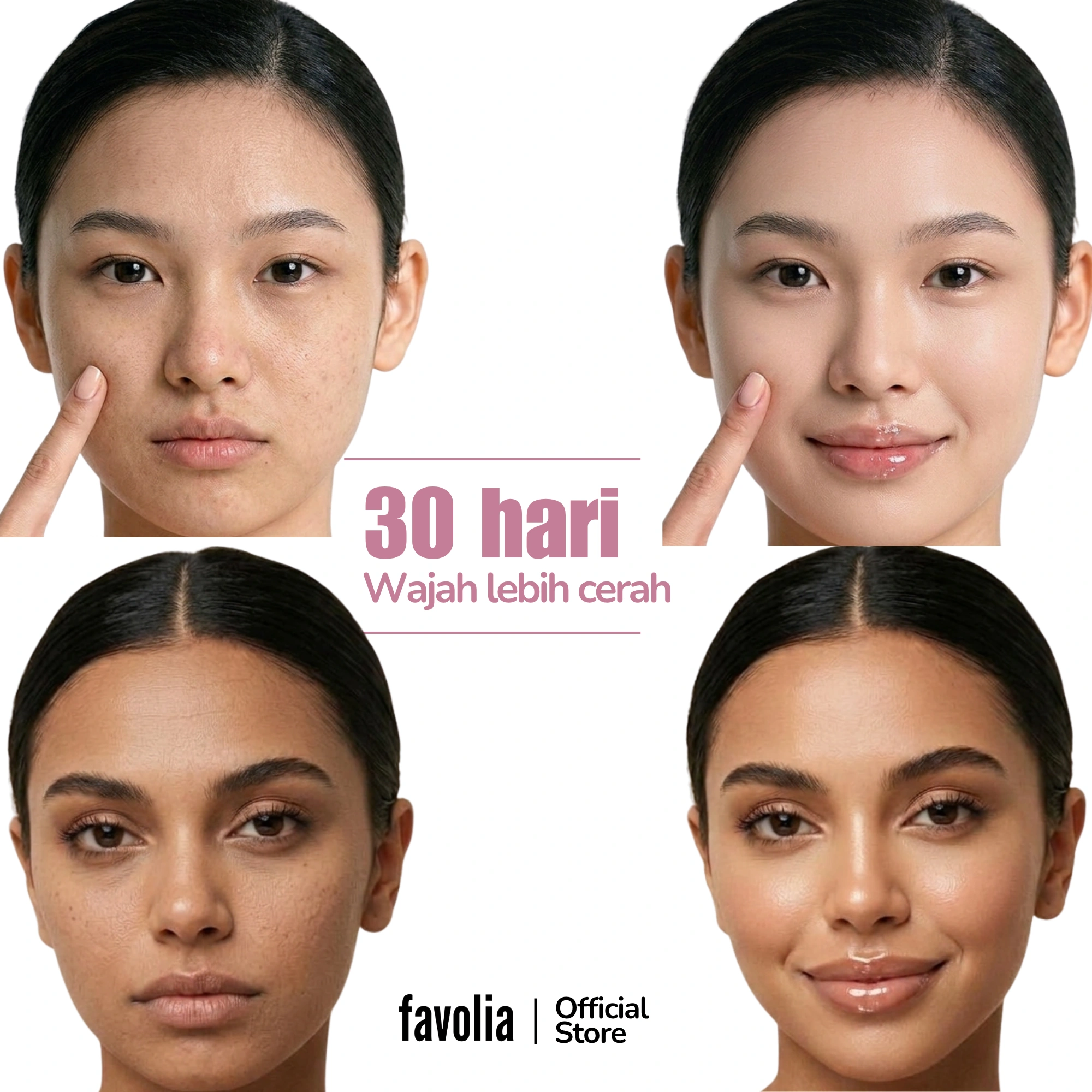 Empat foto wajah menunjukkan perbandingan sebelum-sesudah dari dua model berbeda, kulit tampak lebih cerah dan merata setelah 30 hari pemakaian.