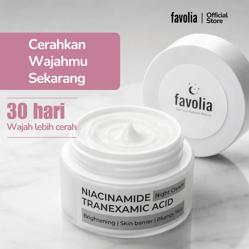 Kemasan Favolia Niacinamide Tranexamic Acid Night Cream 15 gram tampak dekat