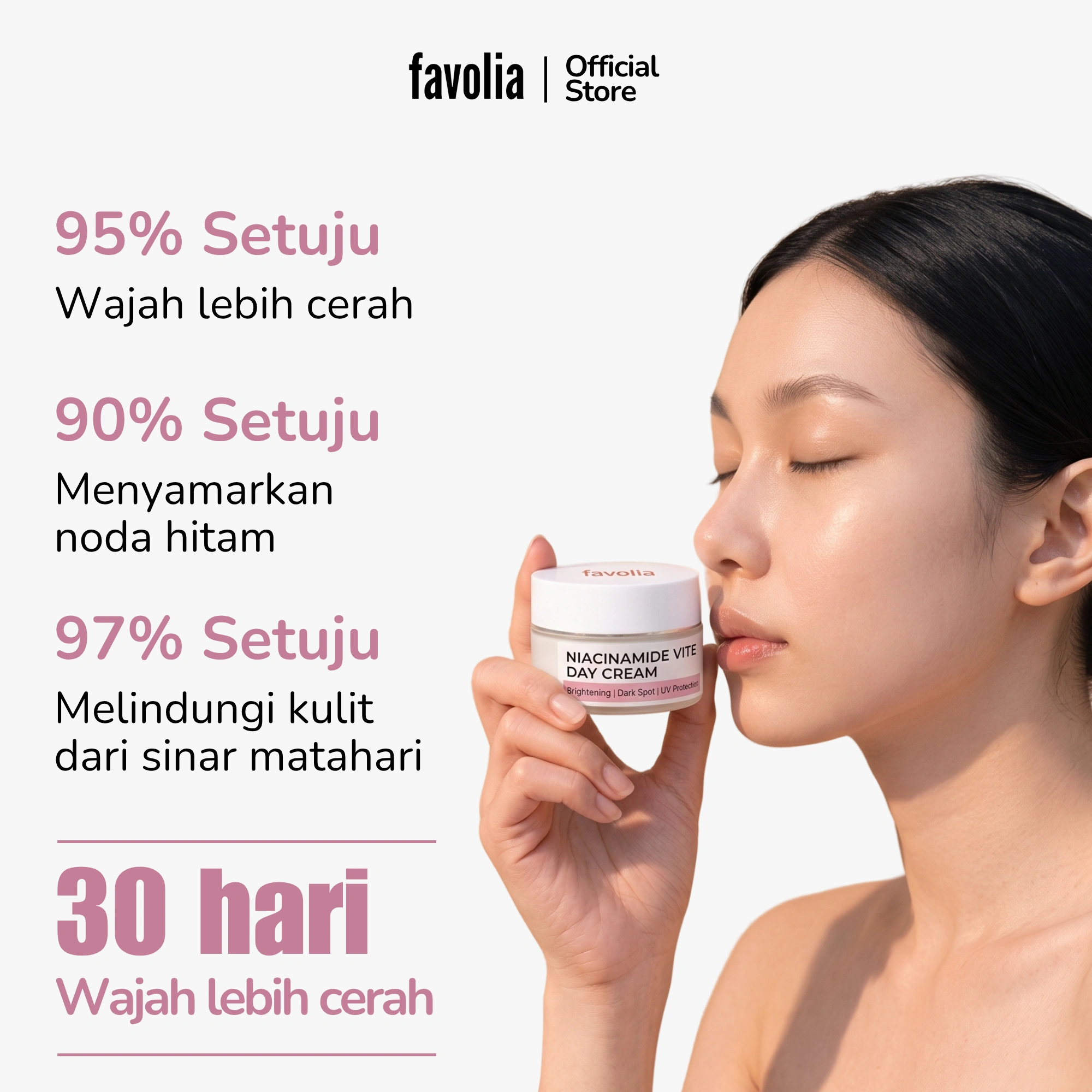Wanita memegang Niacinamide Vit E Day Cream dekat wajah, dengan statistik persetujuan: 95% wajah lebih cerah, 90% menyamarkan noda hitam, 97% melindungi dari sinar matahari.