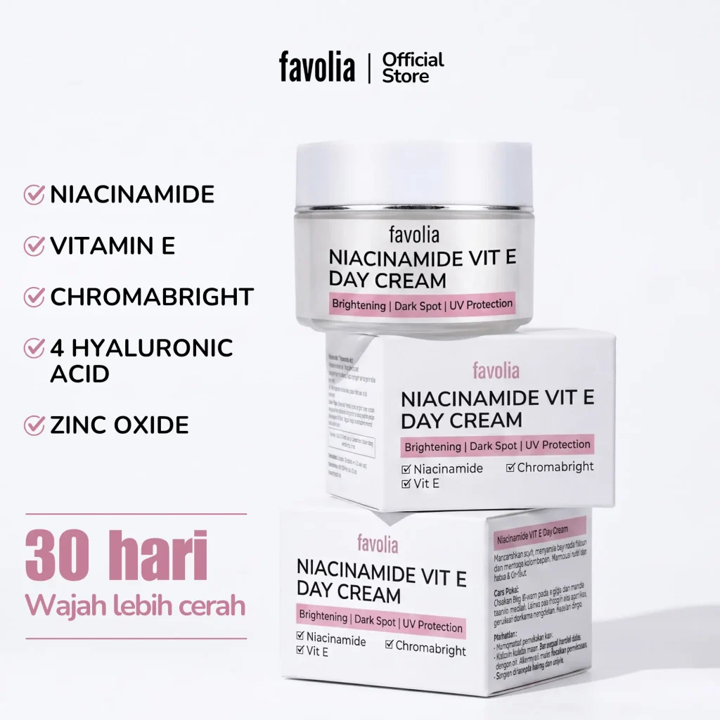 Tekstur krim Favolia Niacinamide Vit E Day Cream dalam kemasan jar terbuka